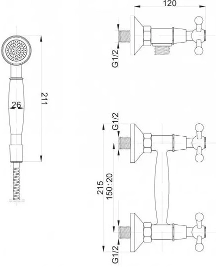 Sprchová batéria Hydroland Retro B207 – nástenná, chróm, rozstup 150 mm